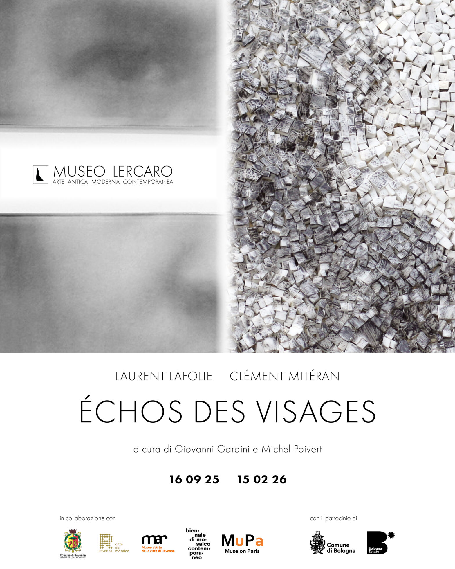 Affiche de l'exposition de Clément Mitéran et Laurent Lafolie au Museo Lercaro de Bologne, avec le commisariat d'exposition de Michel Poivert et Giovanni Gardini.