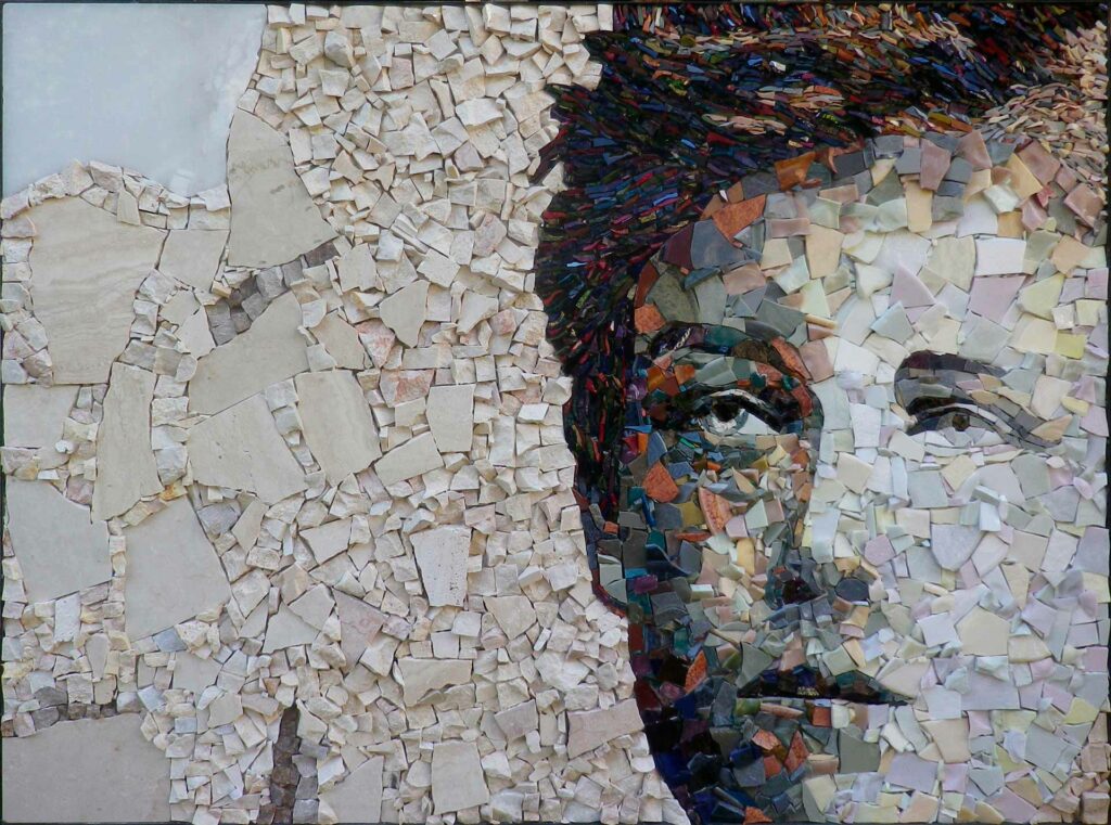 Contemporary mosaic portrait of Arthur Rimbaud by Clément Mitéran, created in 2013 using smalt and marble, inspired by a 19th-century photograph by Carjat