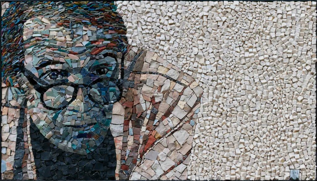 Contemporary mosaic portrait of Gilles Deleuze by Clément Mitéran, 42,2 x 73,2 cm, created using smalt and marble.