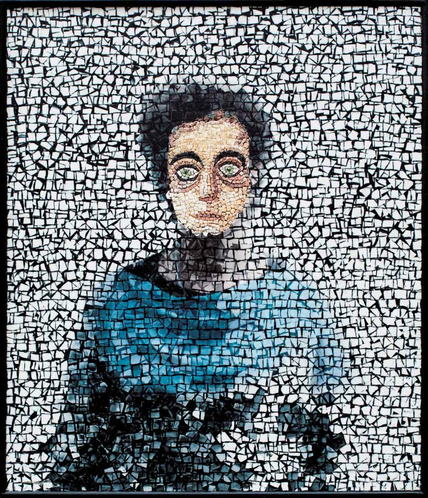 Photograph printed on mosaic and mosaic representing a portrait, artwork by Clément Mitéran.
